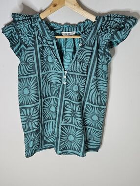 Omika Wilora Blouse v-neck with button closure and ruffle sleeves XS Blue Green